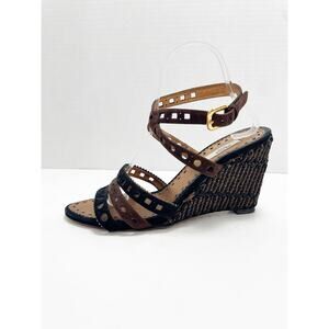 Prada Brown & Black Cutout Leather Woven Wedge Sandals Size 40